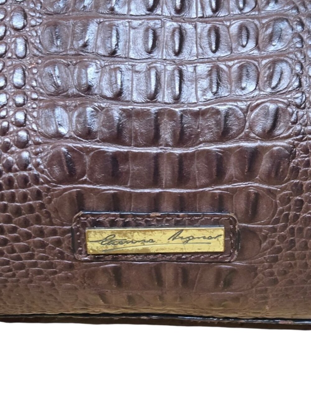 Etienne Aigner Croc Embossed Leather Double Handle Shoulder Bag Dark Brown - Picture 8 of 11
